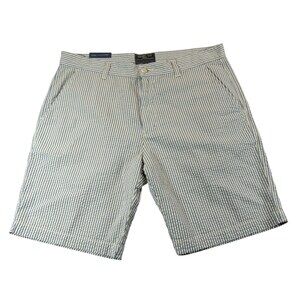 New Halsey Mens Seersucker Shorts 36 x 9 Tan Blue Striped Flat Front Chino